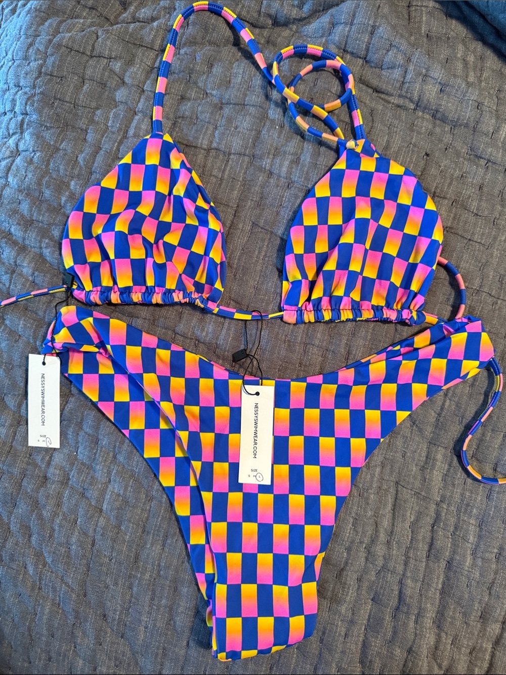 Checkerboard Triangle Bikini - Pink, Blue & Yellow